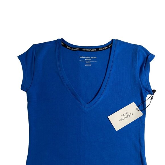 Calvin Klein Jeans Women's Cap-Sleeve V-Neck Bodysuit - Blue, Size XS, NWT - Picture 3 of 12